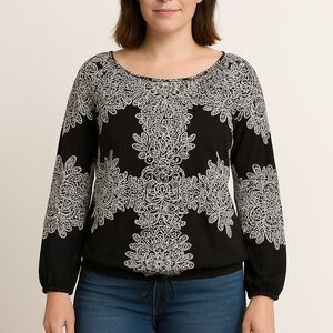 INC International Concepts Black and White Fitted 3/4 Sleeve Blouse